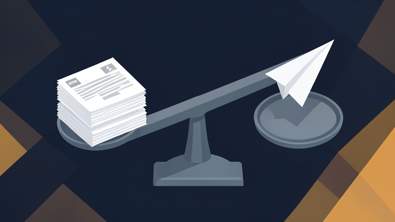 A stylized balance beam scale with loan documents on one side and a paper plane on the other, set against a geometric navy and amber backdrop.