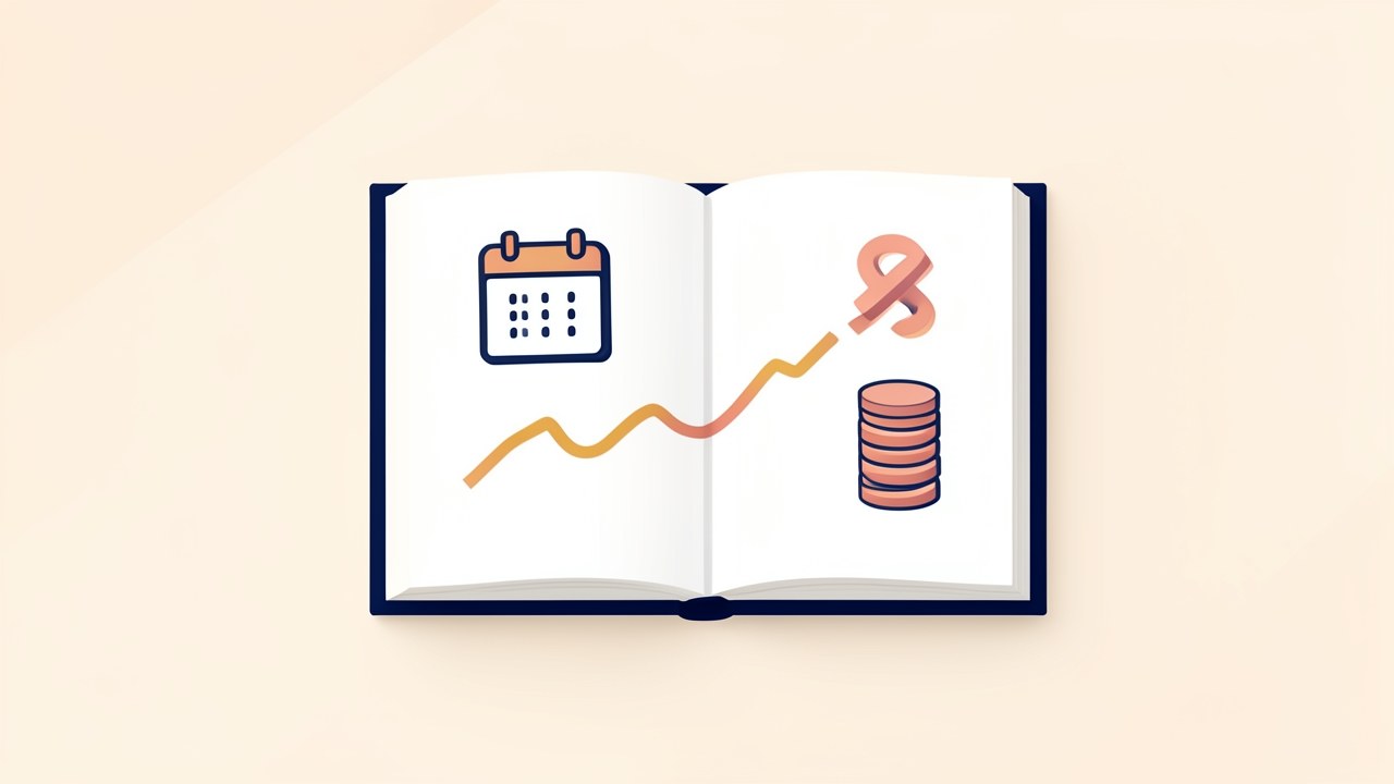 An open book with a personal loan timeline and payment structure, surrounded by simple icons of coins, a calendar, and a percentage sign.