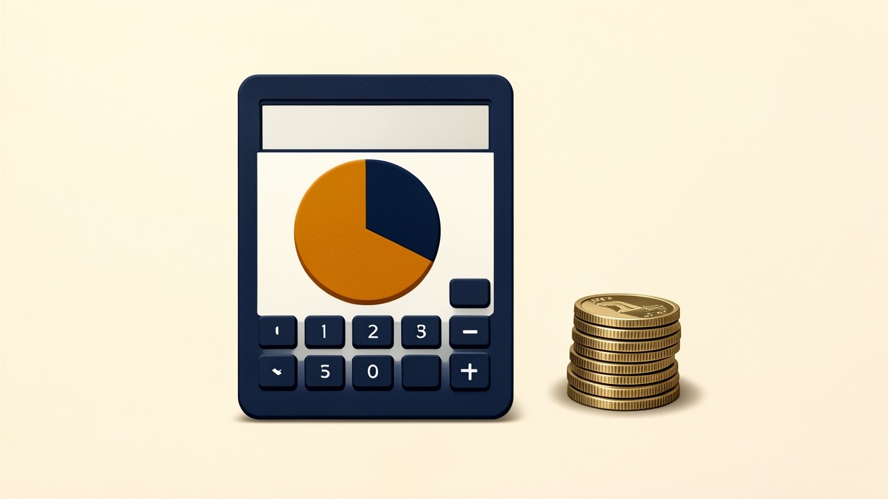 A stylized calculator with a display showing a pie chart of principal versus interest, and a coin stack beside it.