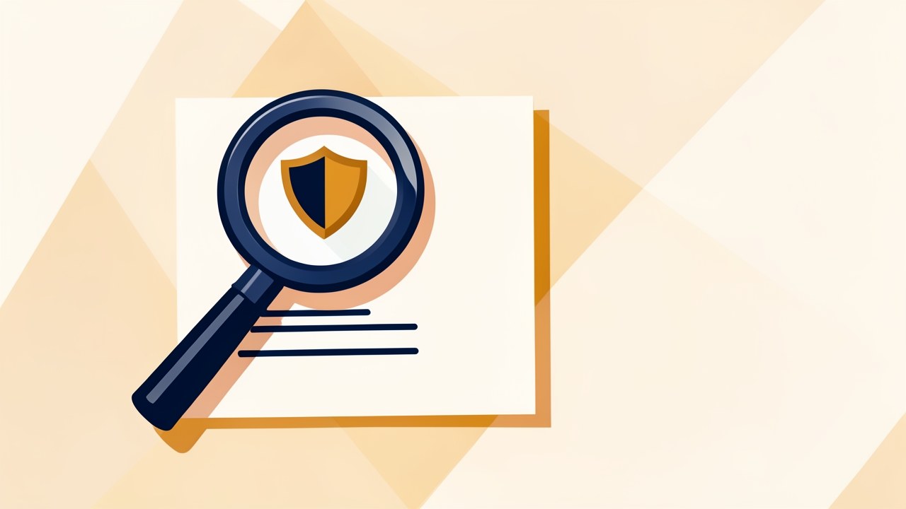 An abstract illustration of a magnifying glass over a document with a small shield, conveying research and trust.