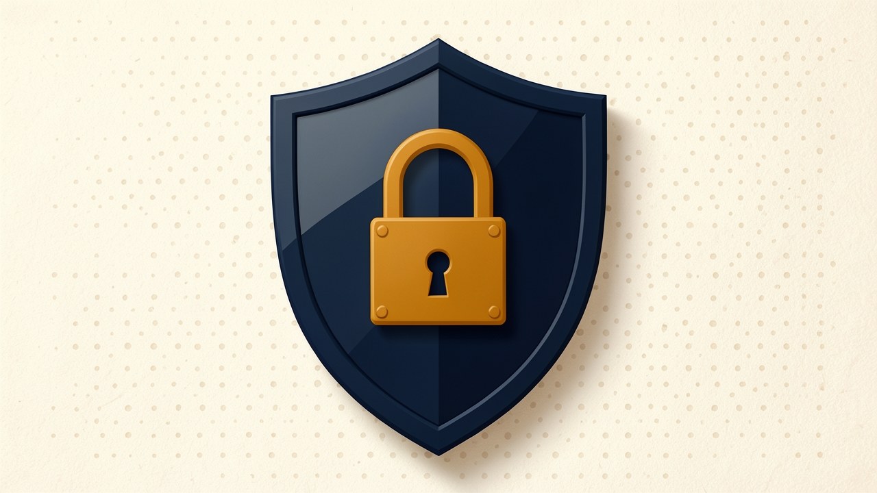 A shield icon with a padlock and a minimal background of dots and lines, representing data protection.