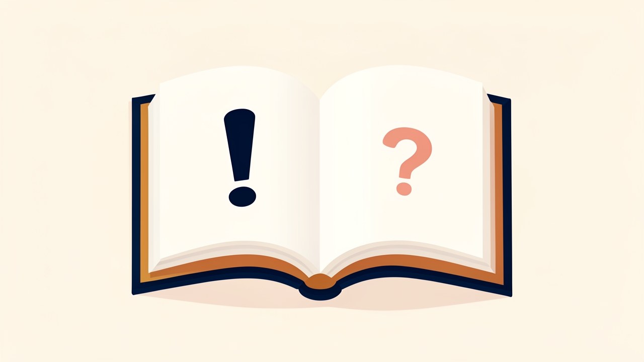 An open book with a large exclamation mark on the page, and a small question mark floating above, conveying caution and information.