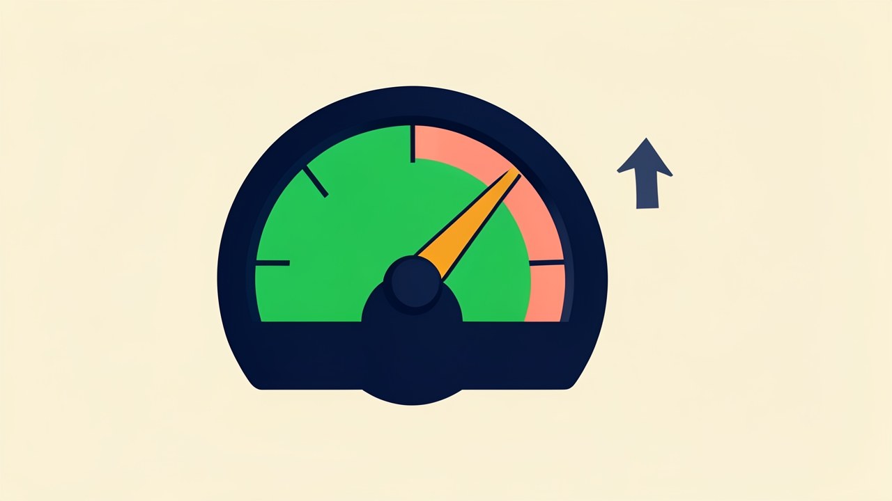 A stylized speedometer with a needle pointing to a high score, and a small upward trend arrow, conveying credit improvement.
