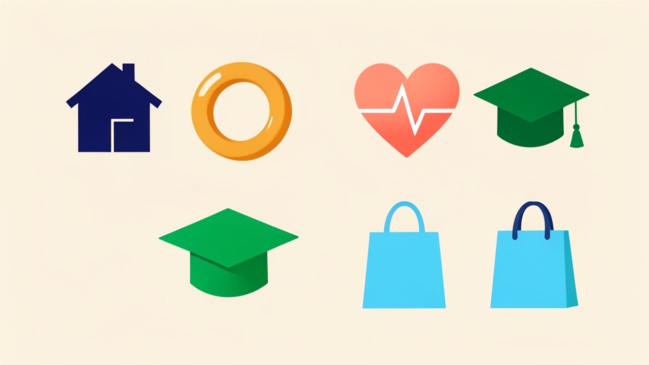 A collage of simple icons representing loan purposes: a house, a car, a ring, a heartbeat, and a graduation cap.