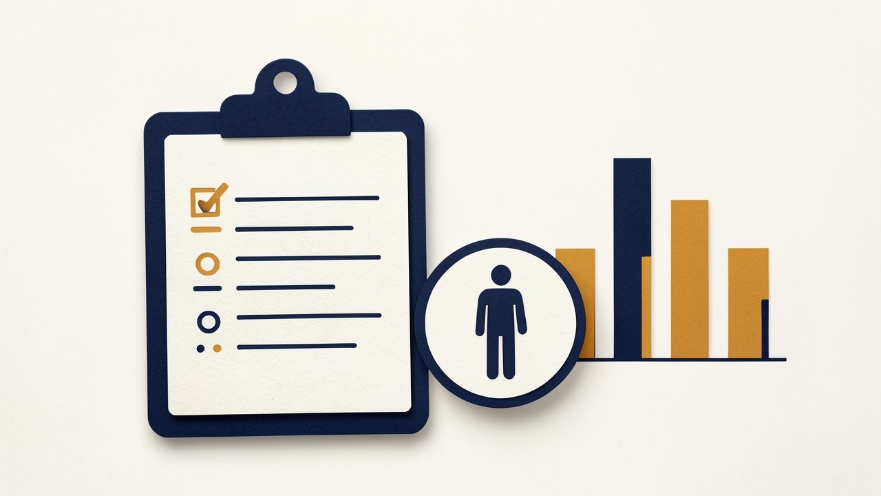 An illustration of a checklist with a human silhouette and a bar chart, symbolizing eligibility criteria.