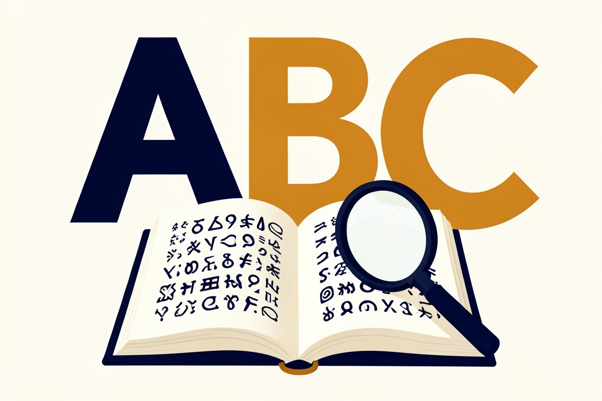 An open dictionary with a magnifying glass and a list of alphabet letters on the side.