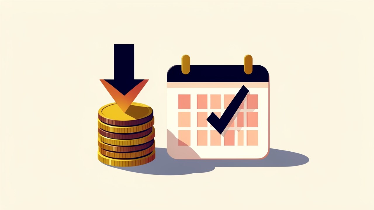 A calendar with a checkmark and a coin stack with a downward arrow, representing repayment and reduction of debt.