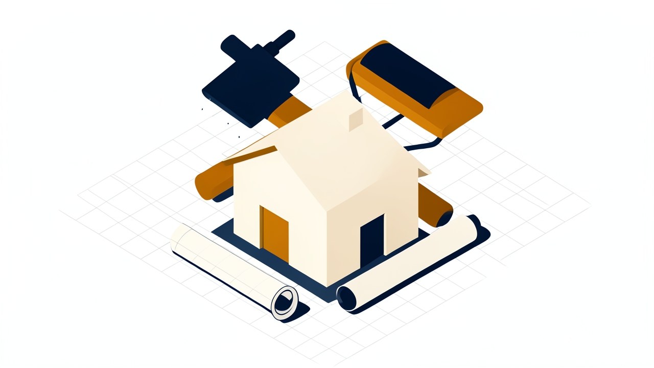 A house with a hammer and a paint roller, and a small blueprint paper, representing home improvement projects.