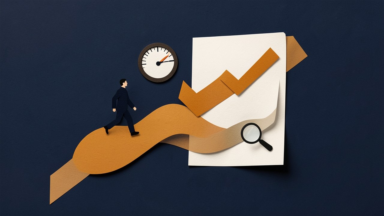 An illustration of a path leading to a checkmark on a document, with small icons of a dashboard and a magnifying glass along the way.